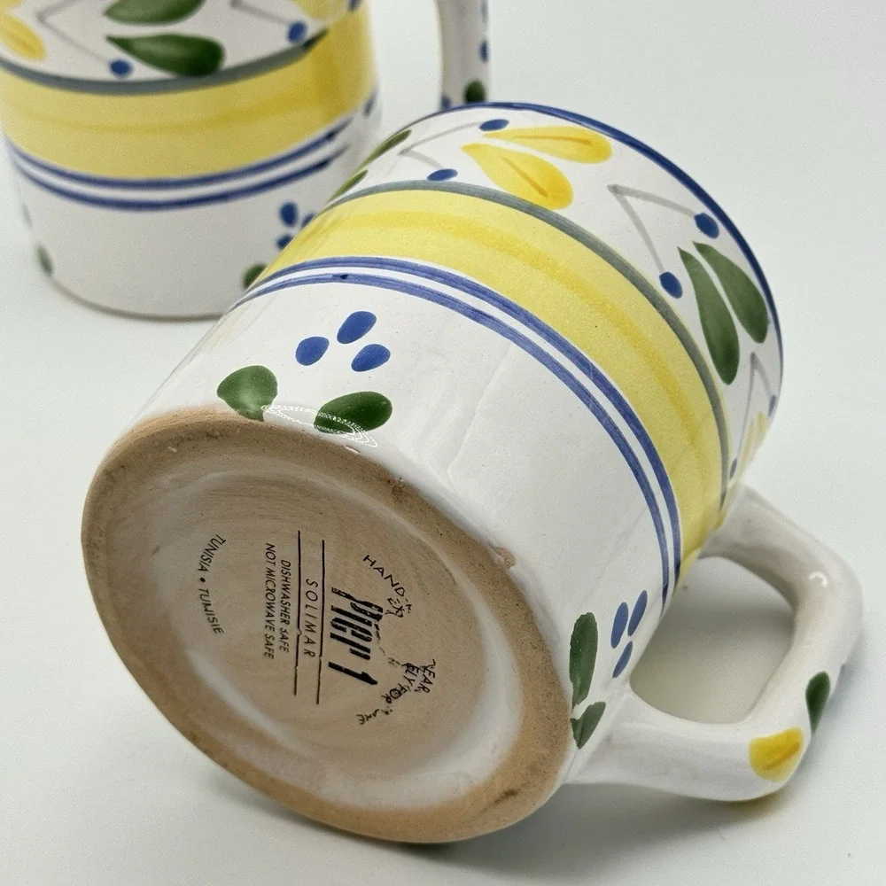 Pier 1 Solimar Mug Set‎ 3 Hand Painted Tunisia Blue Yellow Mediterranean Floral
